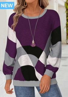 ROTITA Tummy Coverage Geometric Print Purple Round Neck Sweatshirt