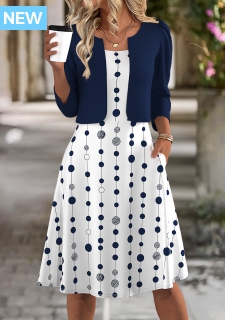 ROTITA Polka Dot Navy Round Neck Dress and Cardigan