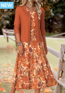 ROTITA Tummy Coverage Random Floral Print Orange Dress and Cardigan