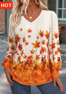 ROTITA Tuck Stitch Leaf Print Orange V Neck T Shirt