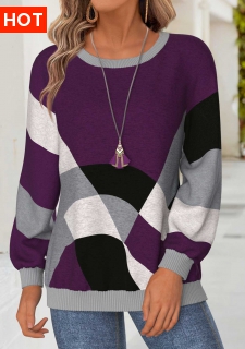 ROTITA Tummy Coverage Geometric Print Purple Round Neck Sweatshirt