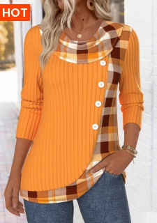 ROTITA Tummy Coverage Plaid Neon Orange Draped Neck T Shirt