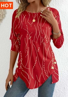 ROTITA Button Geometric Print Red Round Neck T Shirt