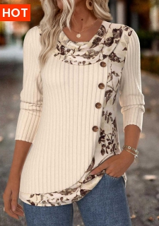 ROTITA Tummy Coverage Floral Print Beige Draped Neck T Shirt