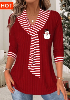 ROTITA Christmas Tummy Coverage Striped Wine Red T Shirt