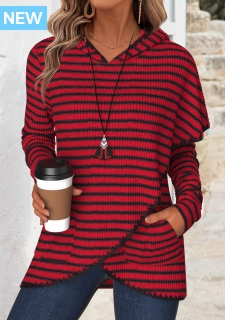 ROTITA Tummy Coverage Striped Wine Red Long Sleeve Hoodie