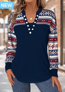 ROTITA Tummy Coverage Tribal Print Navy Split Neck Sweatshirt