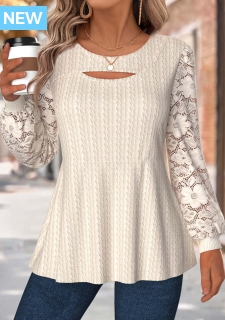 ROTITA Tummy Coverage Beige Round Neck Long Sleeve T Shirt
