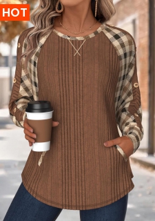 ROTITA Tummy Coverage Plaid Dark Coffee Round Neck Sweatshirt