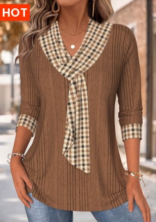 ROTITA Tummy Coverage Plaid Dark Coffee V Neck T Shirt