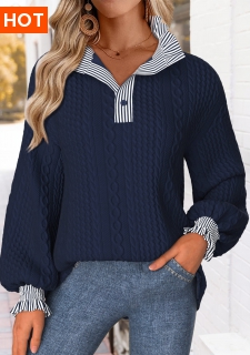 ROTITA Curved Hem Striped Navy Stand Collar Long Sleeve Sweatshirt