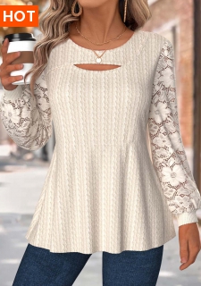 ROTITA Tummy Coverage Beige Round Neck Long Sleeve T Shirt