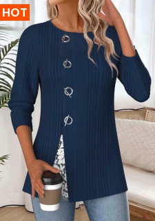 ROTITA Tummy Coverage Navy Round Neck Long Sleeve Blouse