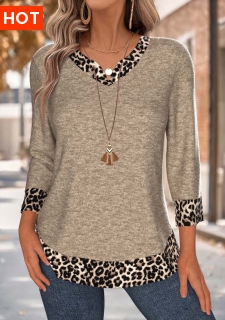ROTITA Tummy Coverage Leopard Dark Camel V Neck T Shirt