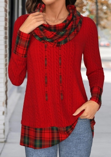 ROTITA Christmas Patchwork Plaid Red Cowl Neck Long Sleeve Sweatshirt