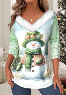 ROTITA Christmas Tummy Coverage Light Green V Neck T Shirt