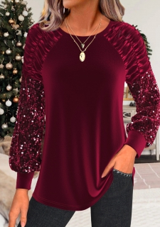 ROTITA Christmas Ruched Wine Red Long Sleeve T Shirt