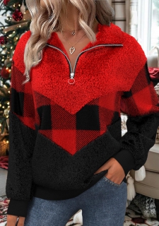 ROTITA Christmas Patchwork Plaid Black Turn Down Collar Sweatshirt