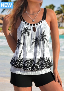 ROTITA Tummy Coverage Black Tropical Plants Print Tankini Top