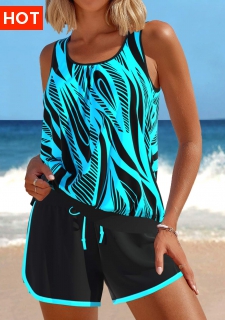 ROTITA Tummy Coverage Cyan Geometric Print Mid Waisted Tankini Set