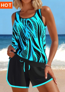 ROTITA Tummy Coverage Cyan Geometric Print Mid Waisted Tankini Set