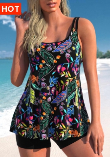 ROTITA Black Floral Print Scoop Neck Tankini Top