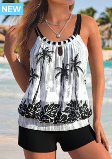 ROTITA Tummy Coverage Black Tropical Plants Print Tankini Top