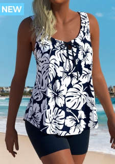 ROTITA Tummy Coverage Navy Tropical Plants Print Tankini Set