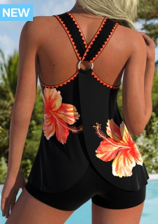 ROTITA Tummy Coverage Orange Floral Print Mid Waisted Tankini Top