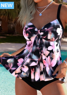 ROTITA Tummy Coverage Pink Floral Print Mid Waisted Tankini Set