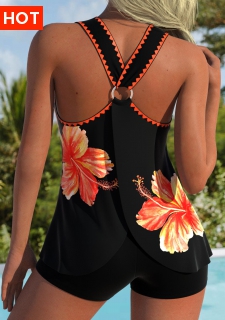 ROTITA Tummy Coverage Orange Floral Print Mid Waisted Tankini Top