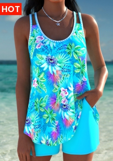 ROTITA Curved Hem Cyan Tropical Plants Print Tankini Set