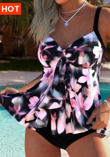 ROTITA Tummy Coverage Pink Floral Print Mid Waisted Tankini Set