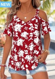 ROTITA Twist Floral Print Wine Red V Neck T Shirt
