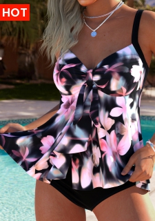 ROTITA Tummy Coverage Pink Floral Print Mid Waisted Tankini Set