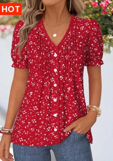 ROTITA Plus Size Frill Red Geometric Print T Shirt