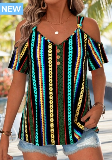 ROTITA Twist Geometric Print Multi Color V Neck T Shirt