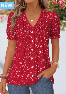 ROTITA Frill Geometric Print Red V Neck T Shirt