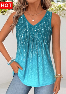 ROTITA Patchwork Ombre Turquoise V Neck Sleeveless Tank Top
