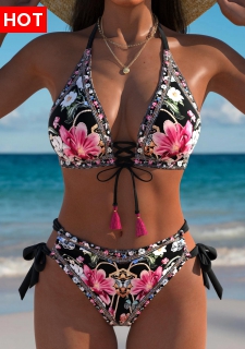 ROTITA Black Floral Print Mid Waisted Bikini Set
