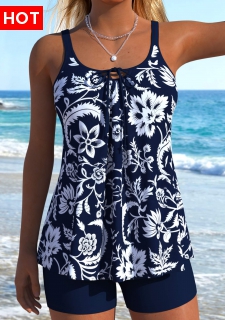 ROTITA Navy Lace Up Random Floral Print Tankini Set