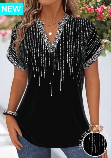 ROTITA Tummy Coverage Ombre Black Split Neck Short Sleeve Blouse