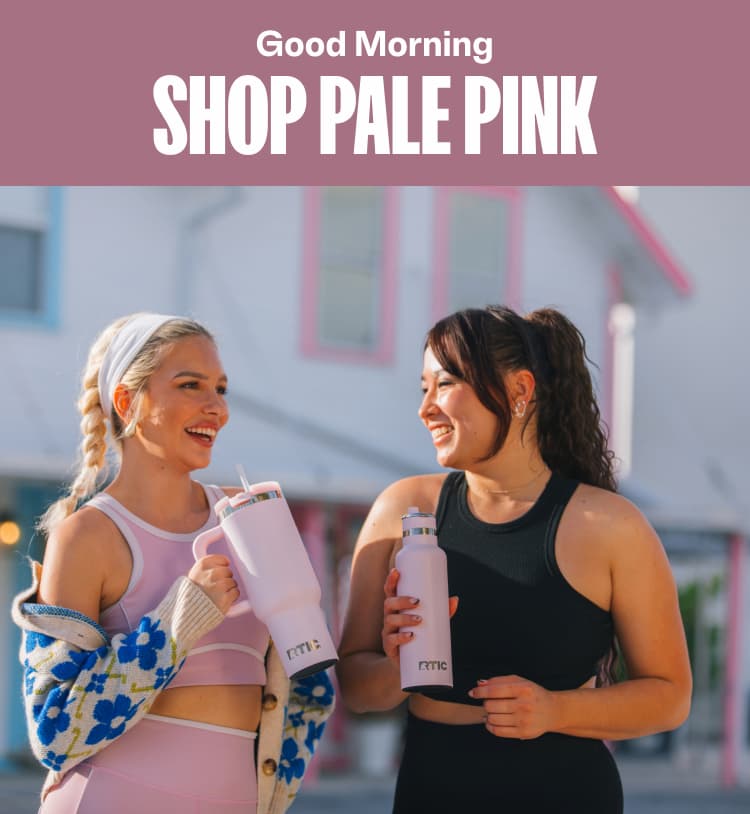 Shop Pale Pink with an image of two women in sports wear holding water bottles and smiling