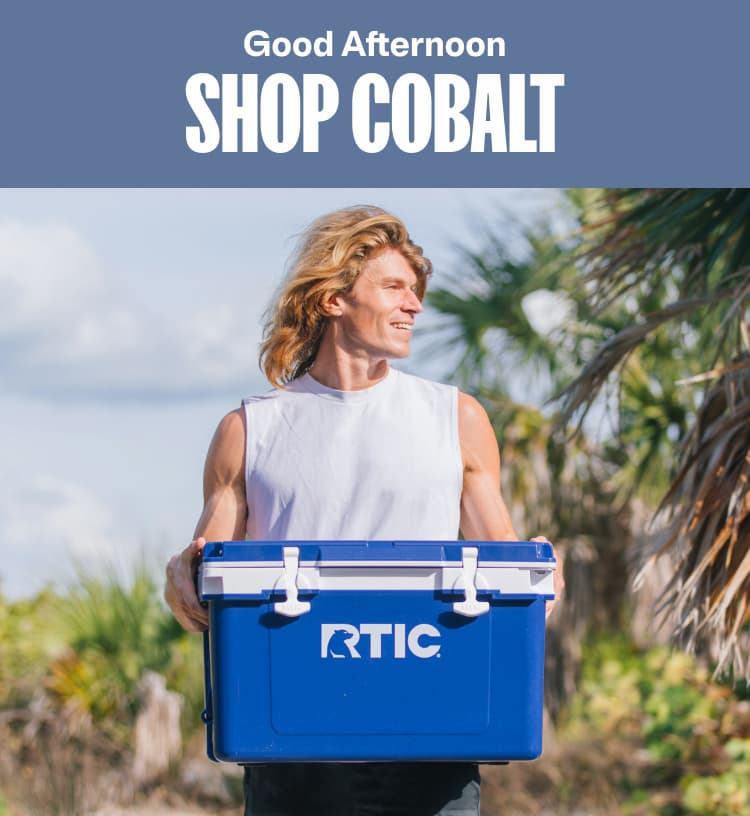 an image of a man holding a cooler with the words shop cobalt