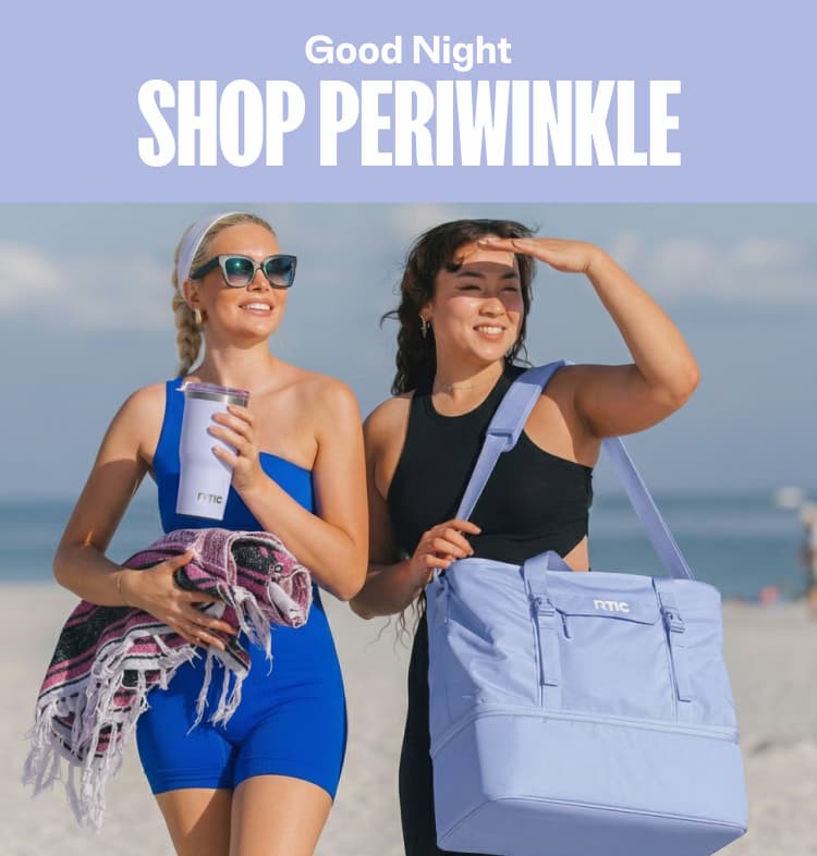 an image of two women walking on the beach with a periwinkle bag with the words shop periwinkle