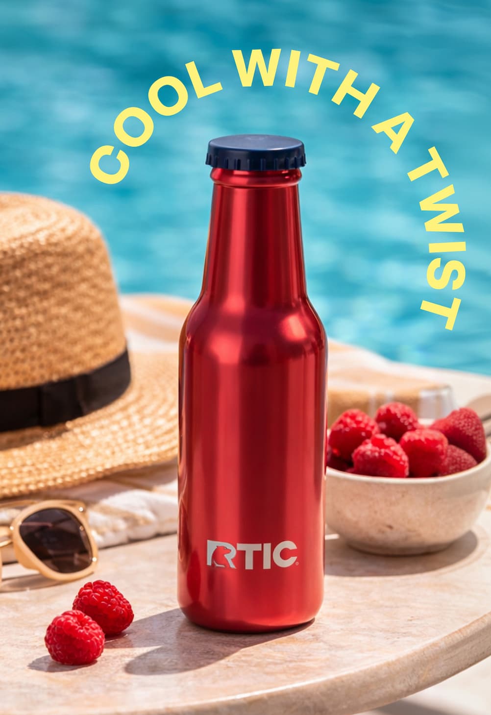 New Red Sidekick Bottle by the pool with the text "Cool with a twist"