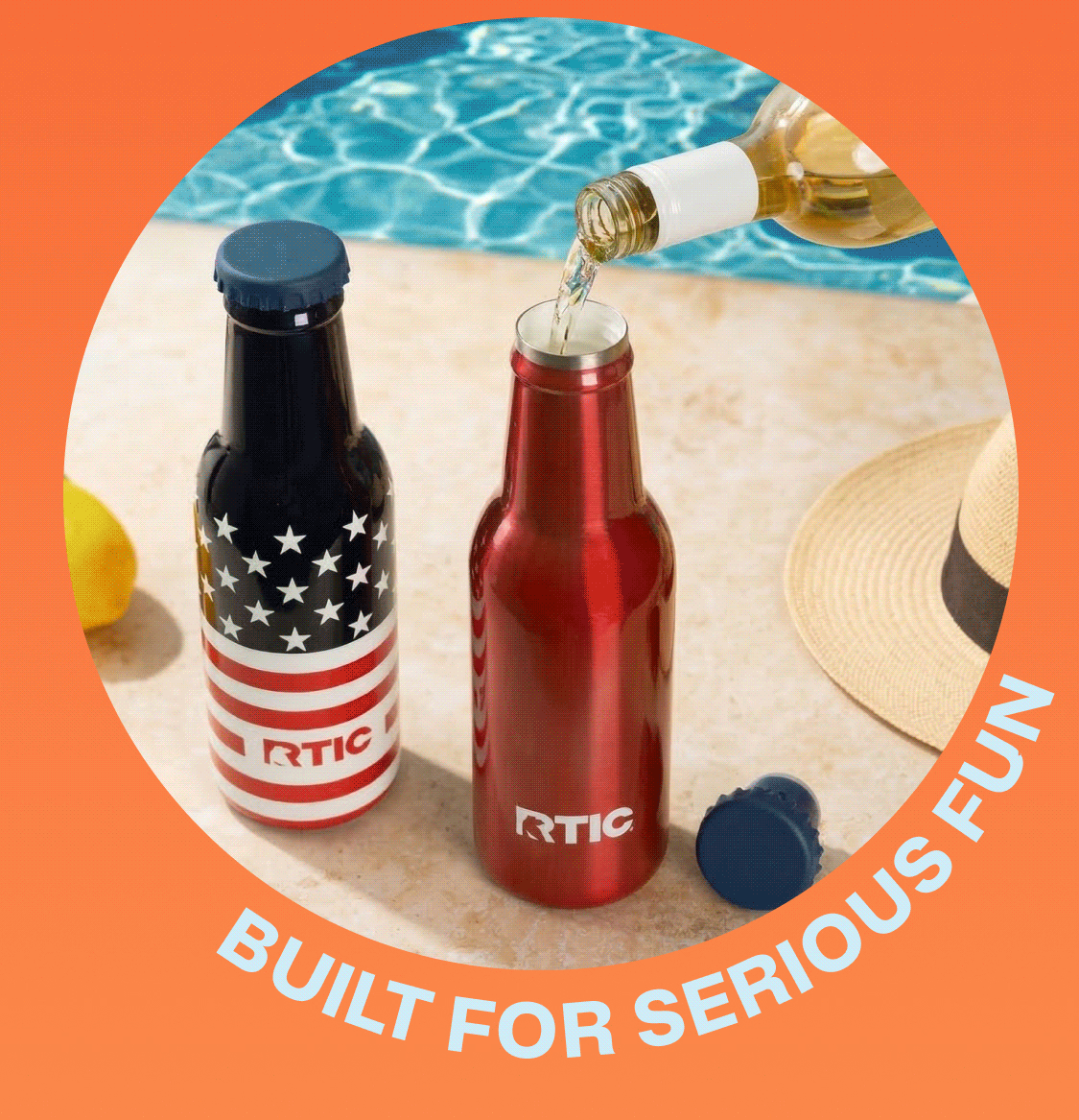 Images of people enjoying our new sidekick bottle with the text "built for serious fun"