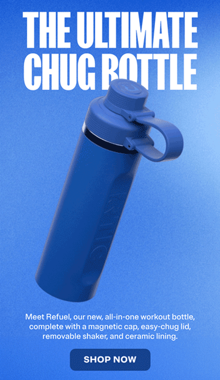 Meet Refuel, our new, all-in-one workout bottle, complete with a magnetic cap, esy-chug lid, removable shaker, and ceramic lining.