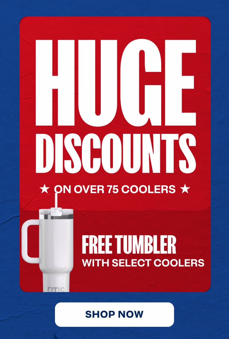 4th of July Sale - huge discounts on over 75 coolers. Free tumbler with select coolers
