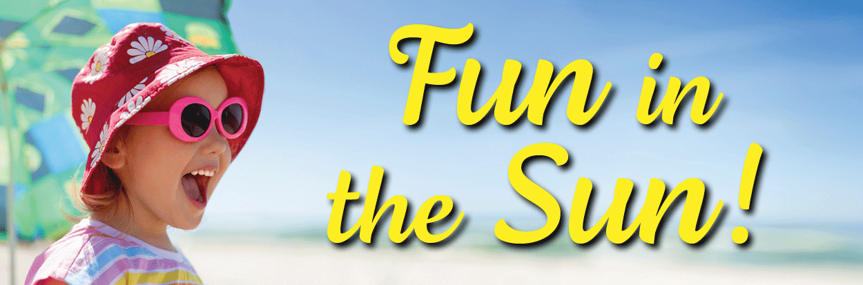 Person in a red floral hat and striped shirt at the beach with “Fun in the Sun!” text